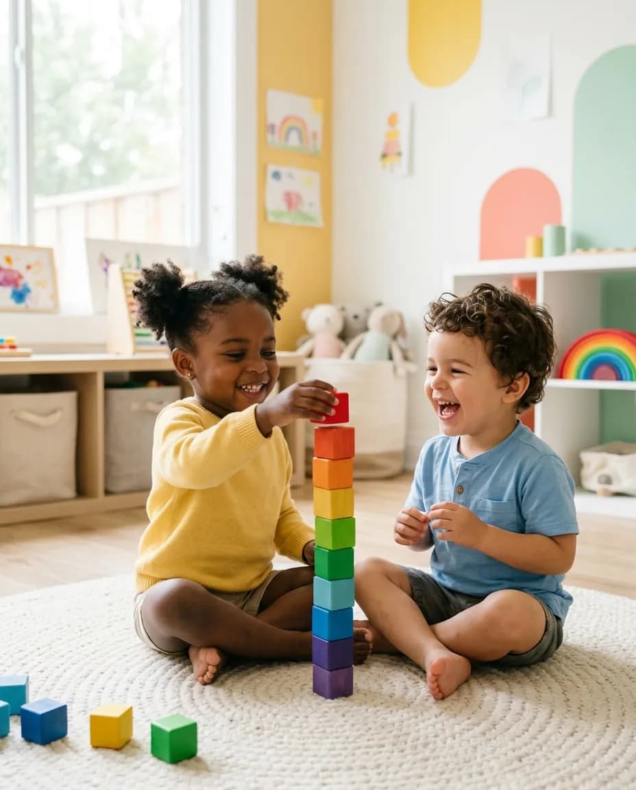 Two laughing toddlers building a tower of rainbow-colored wooden blocks on a play rug in a bright daycare classroom.