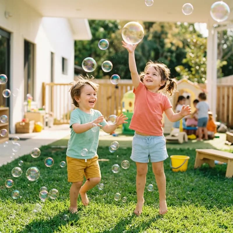 Children chasing soap bubbles in a sunny daycare play yard.