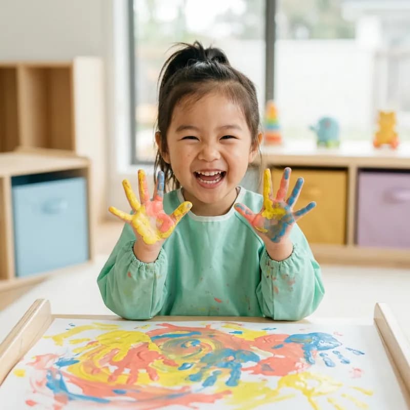A laughing preschooler showing off hands covered in colorful finger paint.