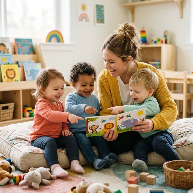 A teacher reading a picture book to three toddlers snuggled beside her.