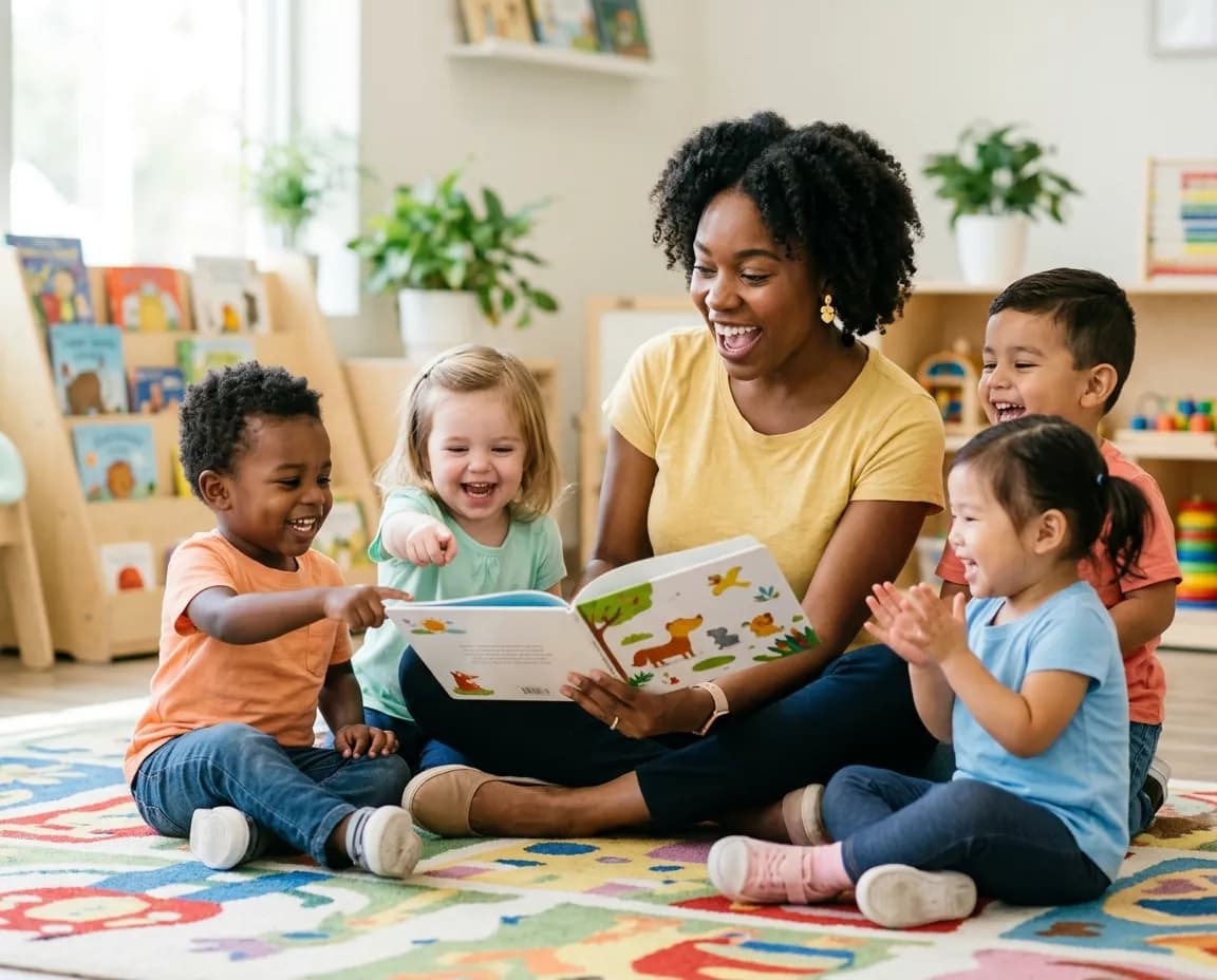 A daycare teacher reading a picture book to a group of giggling toddlers on a colorful rug.