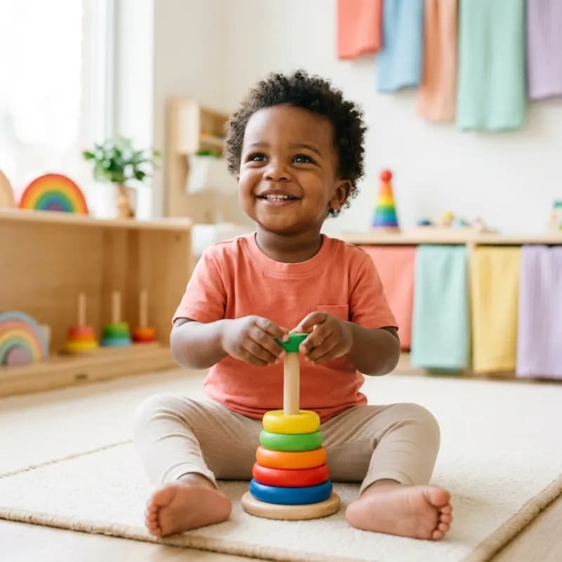 A smiling toddler stacking a rainbow ring toy.