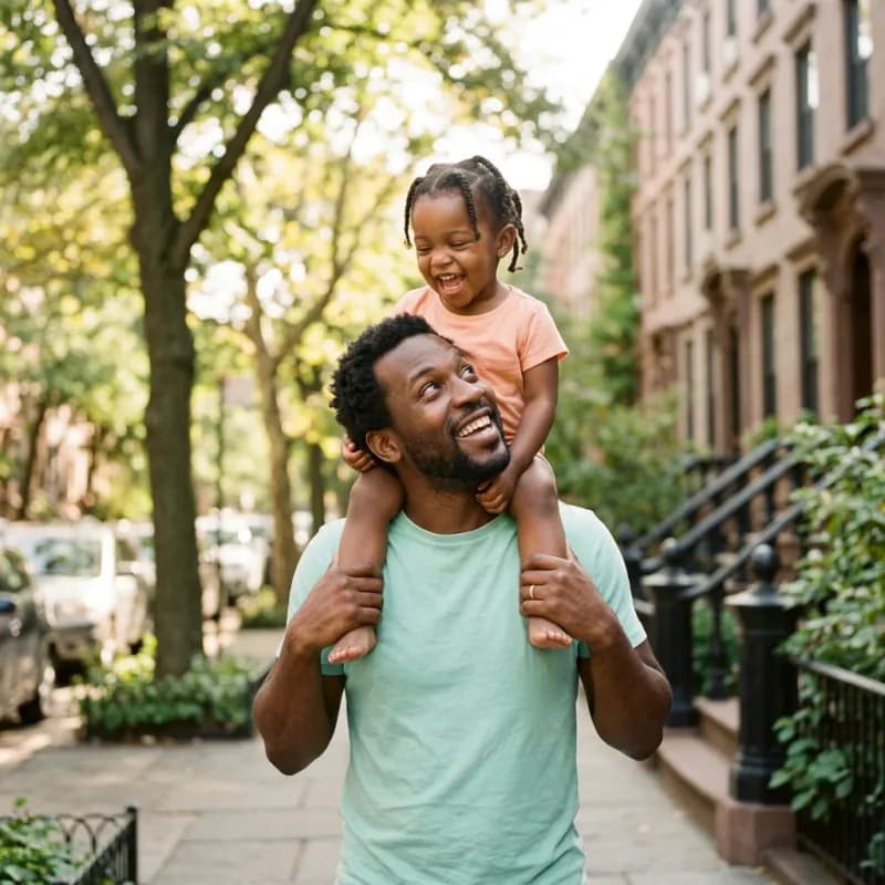 A father carrying his laughing toddler on his shoulders down a sunny, tree-lined New York City street.
