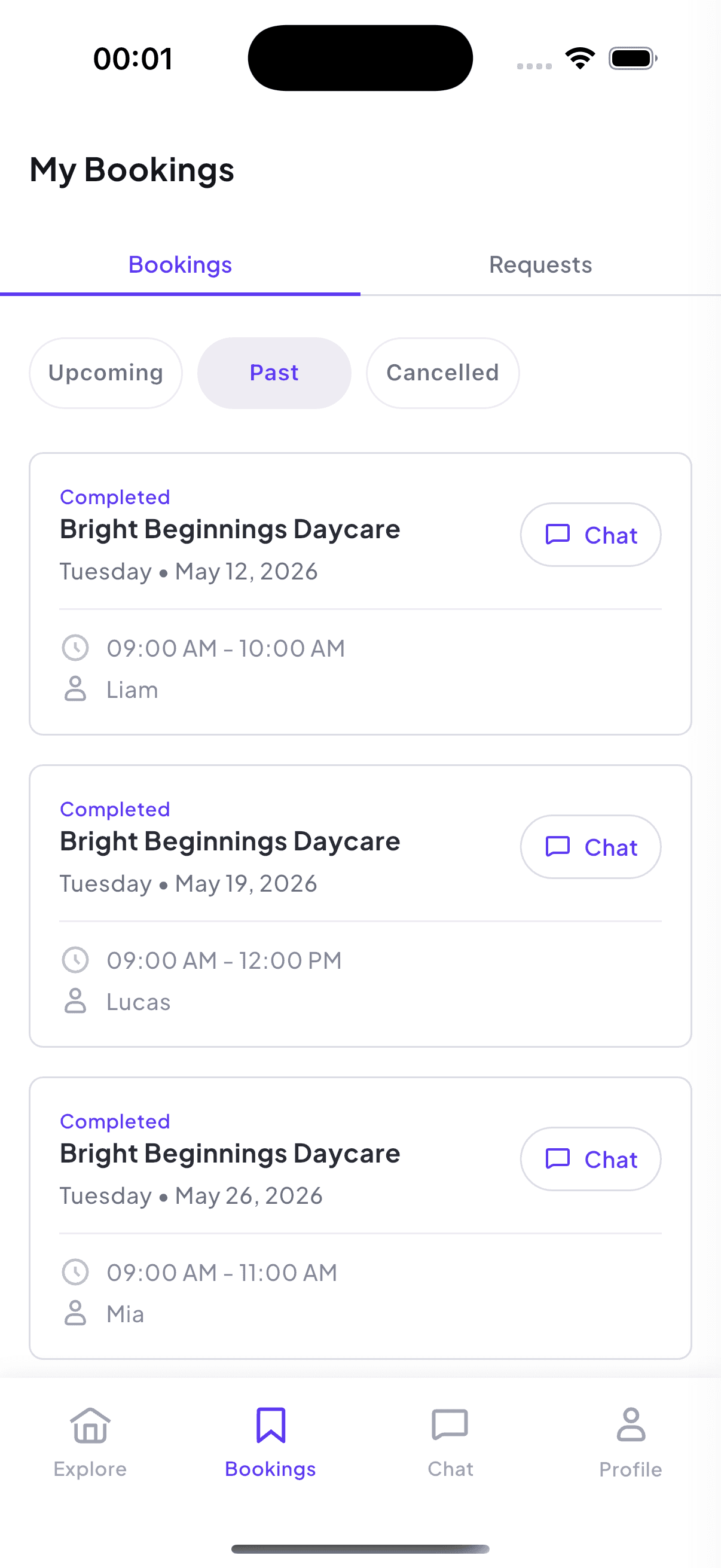 The My Bookings screen in the PickNBook app — completed daycare bookings at Bright Beginnings Daycare with times, children's names, and chat access to the provider.