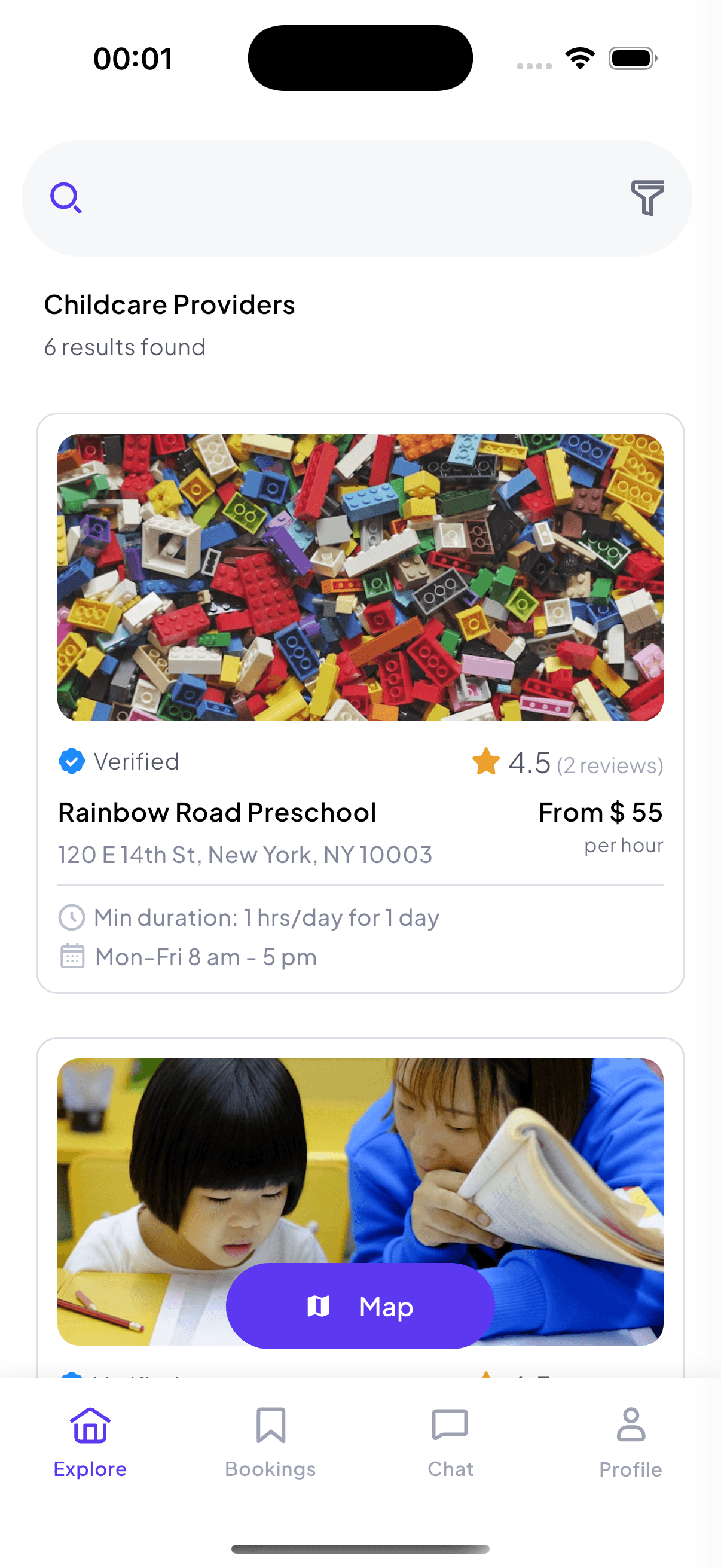 The PickNBook parent app showing licensed childcare providers near you — Rainbow Road Preschool, verified with 4.5 stars, from $55 per hour, with photos and a map view.