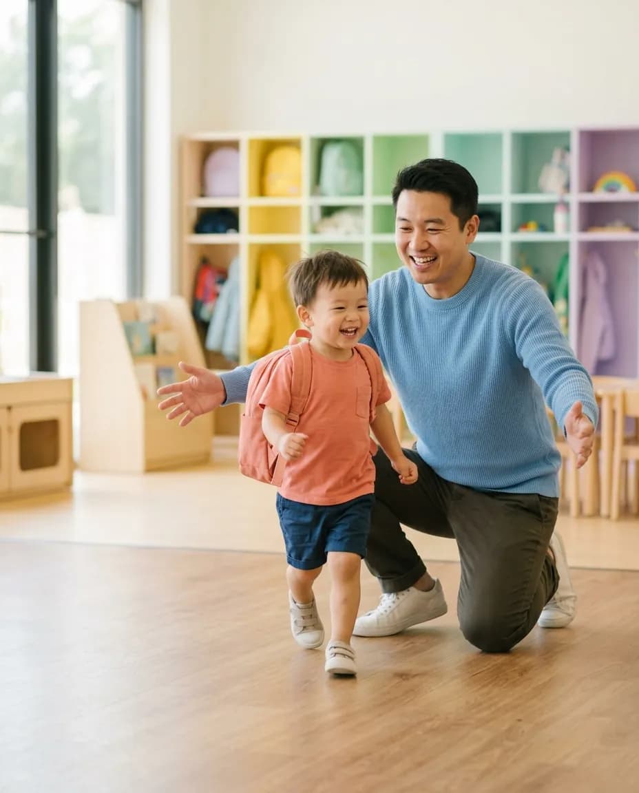 A toddler with a backpack running into his smiling dad's open arms at daycare pickup.