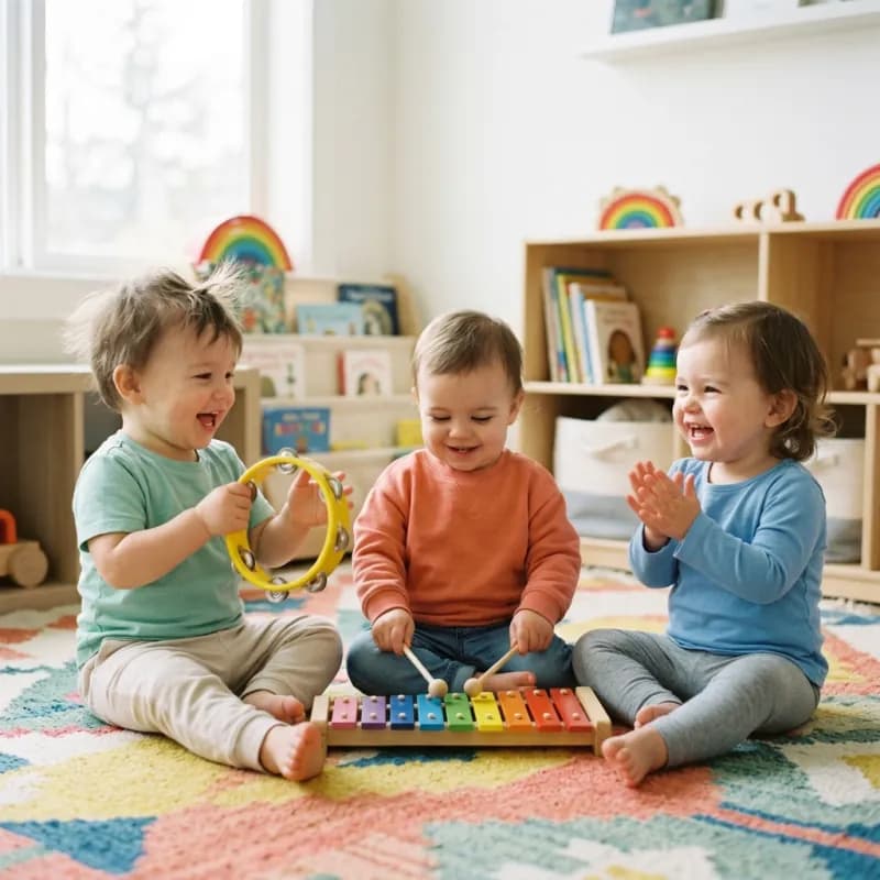 Toddlers making music with a tambourine and a xylophone.