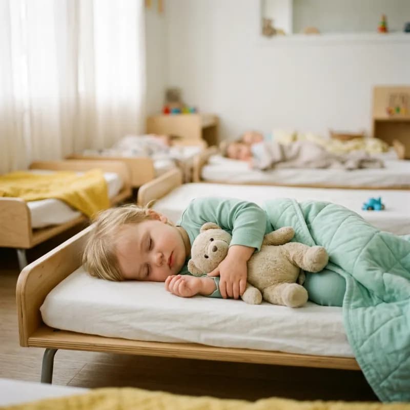 A toddler napping with a teddy bear under a mint blanket.