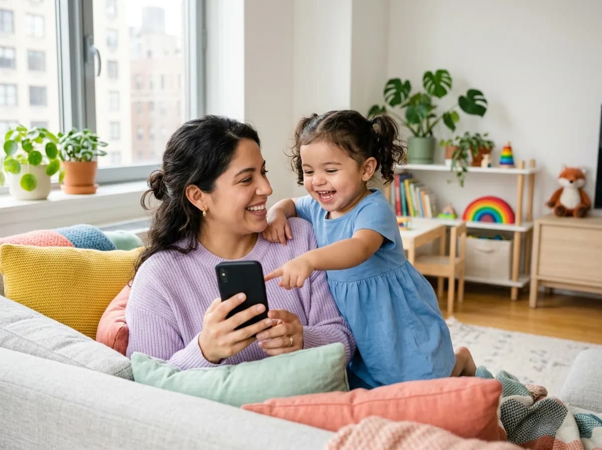 A mother on the couch holding her phone while her giggling toddler points at it.