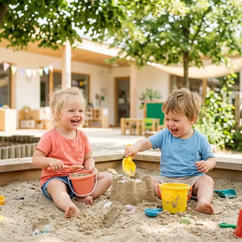 Two toddlers building a sandcastle in a sunny sandbox.