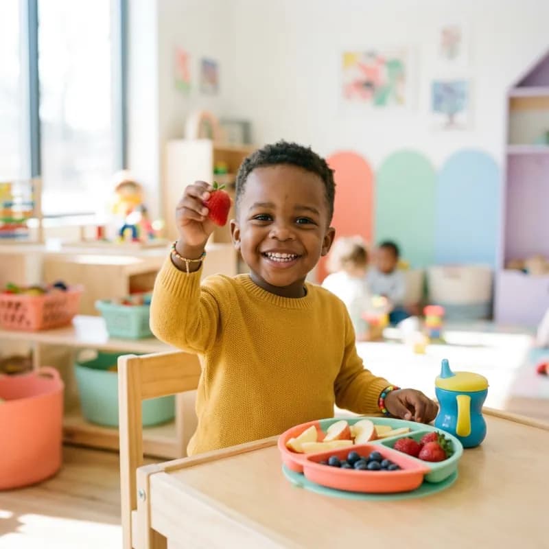 A toddler grinning as he holds up a strawberry at snack time.